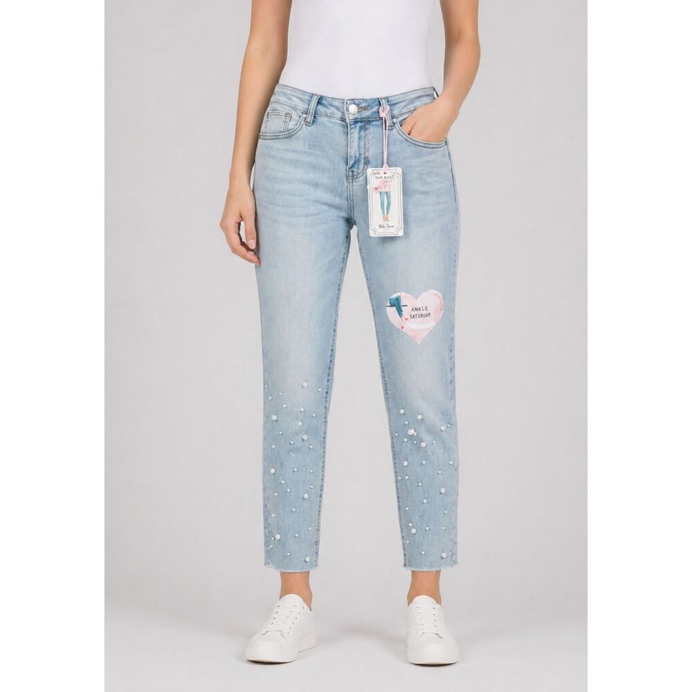 Blue Desire Mid-Rise Pearl Hem Ankle Skinny 7